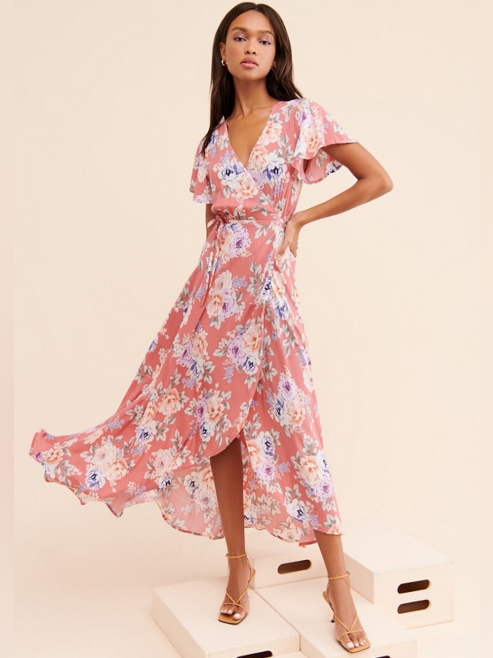 NWT AUGUSTE THE LABEL Pascal Muse Floral Ruffle Midi Dress in Rose Pink